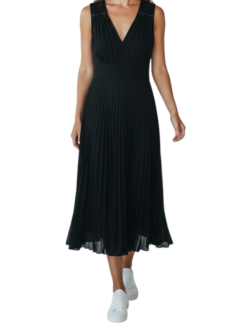 Theory Black Pleated V-Neck Midi Dress